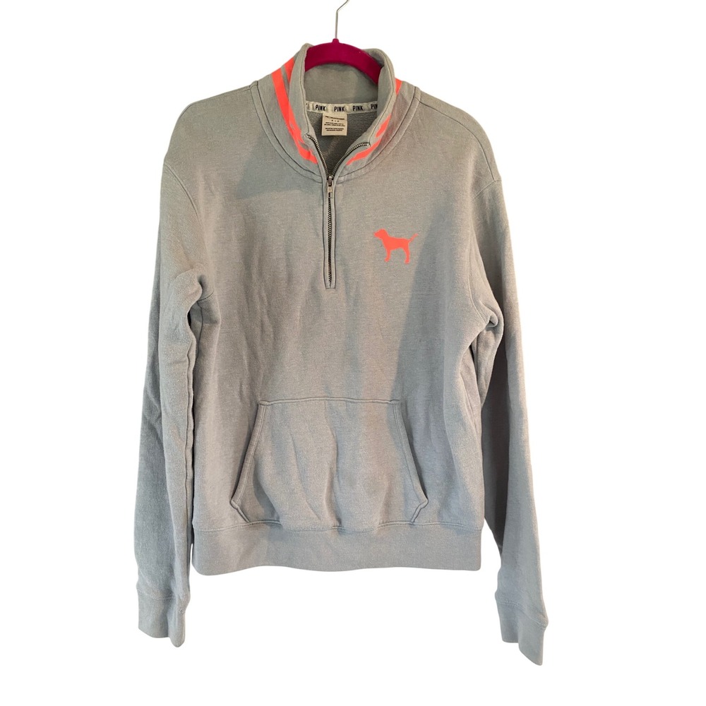 PINK Victoria's Secret Gray Orange Dog Logo Quarter Zip Sweatshirt Women's Small